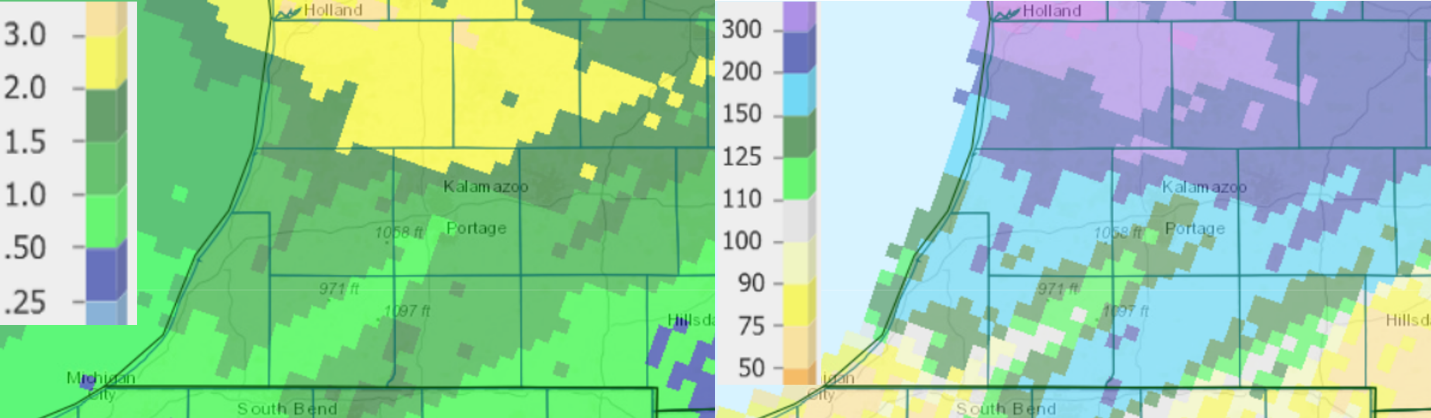 Precipitation totals (left) and percent of normal (right) for the past 24 hours as of April 28.